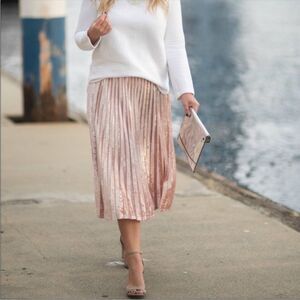 a new day Women's Pink Crushed Velvet Mini Pleated Midi Skirt Elastic Waist XS